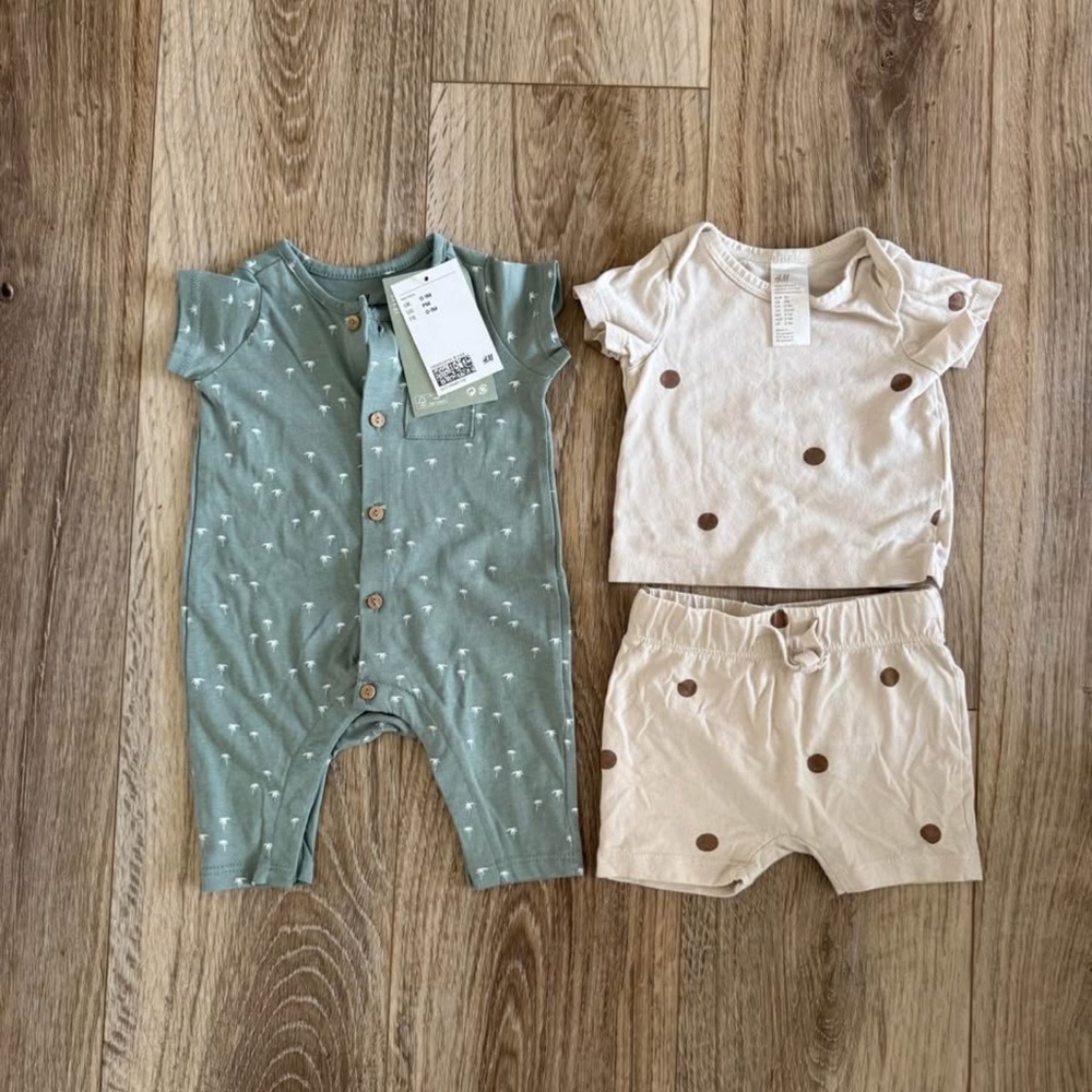 H&M baby bundle unisex NWT green romper onesie shirt shorts polka dot brown 0-1